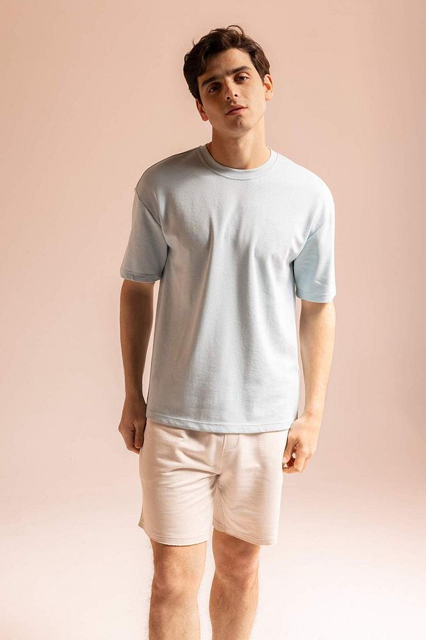 Oversize Geniş Kalıp Bisiklet Yaka Kısa Kollu Basic Düz Ağır Kumaş Tişört X3926AZ23SP - 3