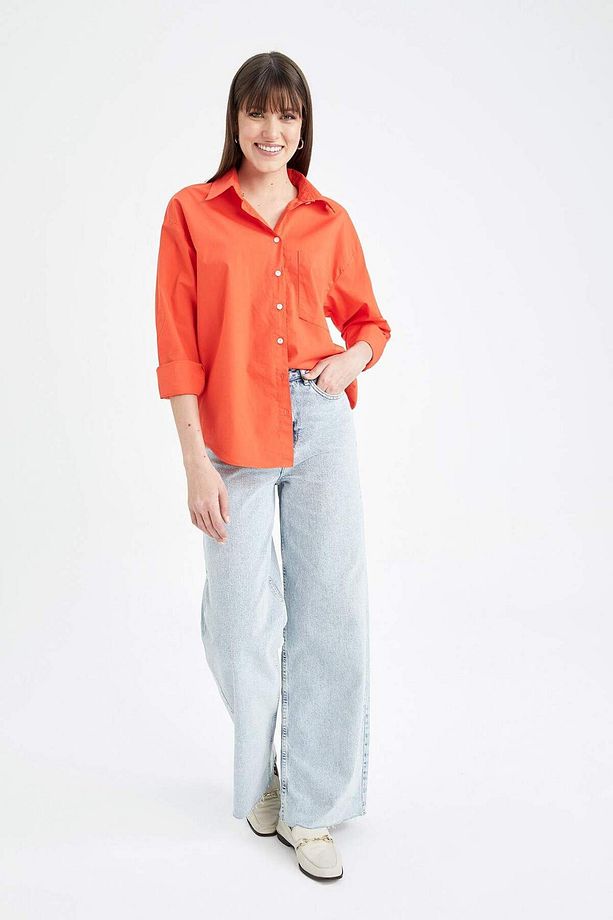 Oversize Geniş Kalıp Poplin Basic Düz Uzun Kollu %100 Pamuk Gömlek V3984AZ23SP - 4