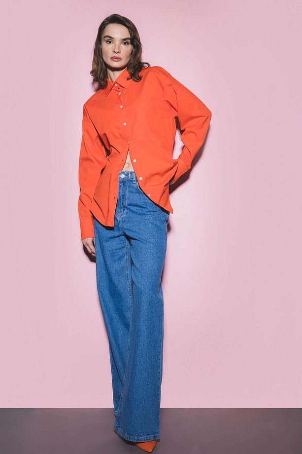Oversize Geniş Kalıp Poplin Basic Düz Uzun Kollu %100 Pamuk Gömlek V3984AZ23SP - 2
