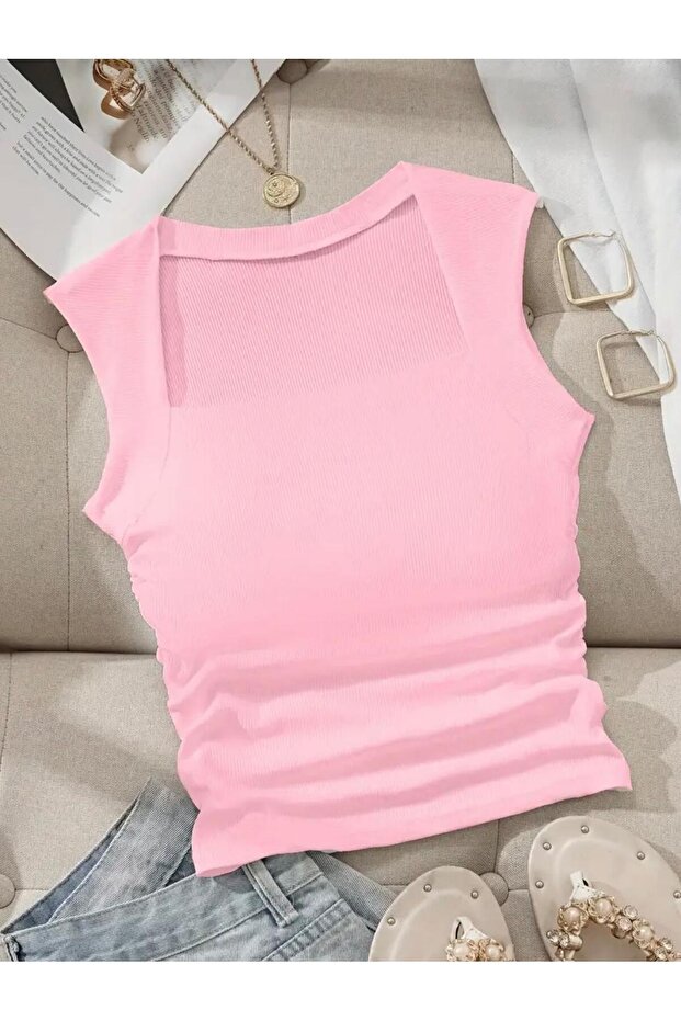 Pink Square Neckline Gathered Waist Pink Camisole Undershirt 0026