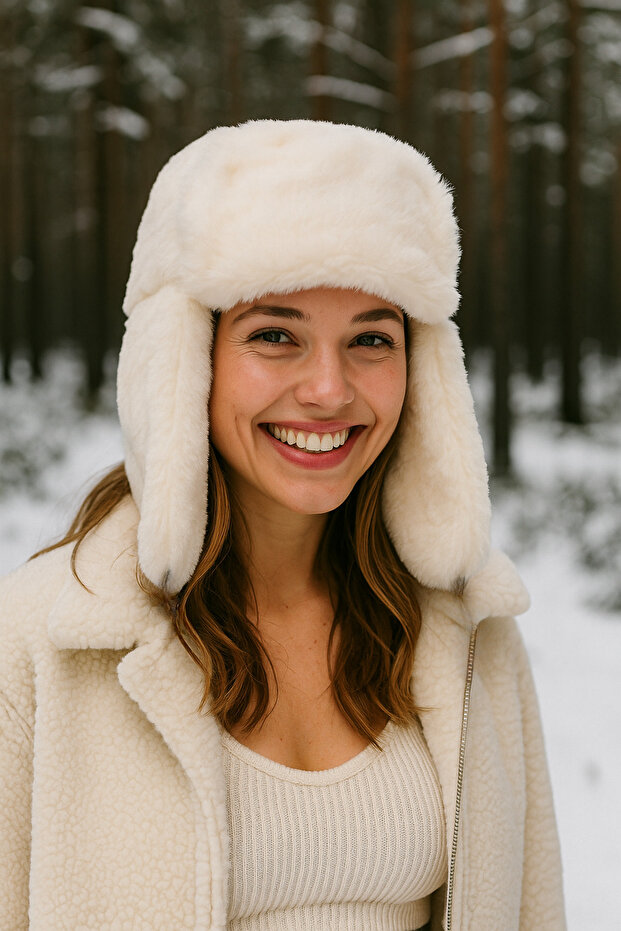 Winter Beanie with White Fur Ear Protectors - Warm Holder Accessory for Cold Weather Beanie1127