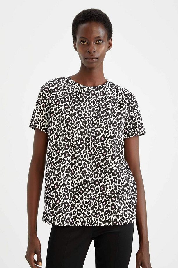 Regular Fit Bisiklet Yaka Leopar Desenli Kısa Kollu Tişört Y7063AZ22SM - 2