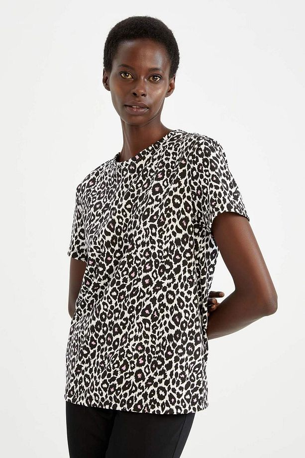 Regular Fit Bisiklet Yaka Leopar Desenli Kısa Kollu Tişört Y7063AZ22SM - 3
