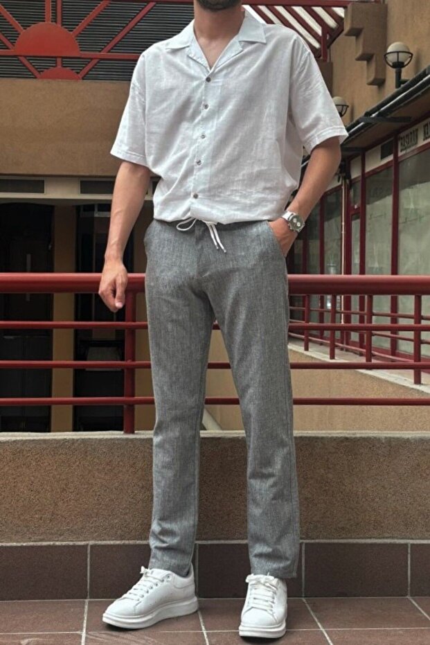 Men'S, Waist Elastic, Linen Look, Standard Fit, Lace-Up Woven Pants 216-2