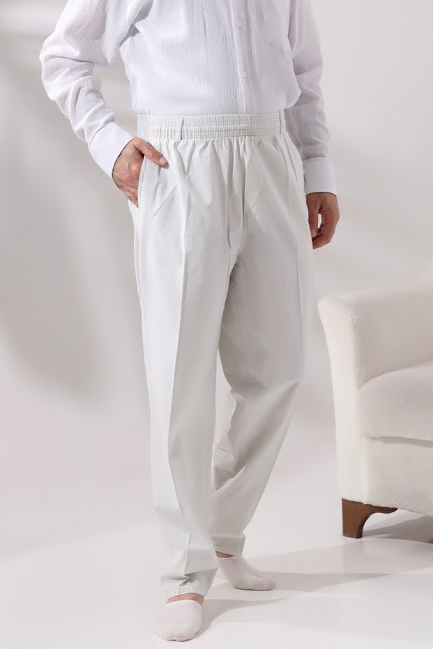 Men's Light Gray Relaxed Fit Elastic Waist Linen Hajj and Umrah Baggy Trousers
