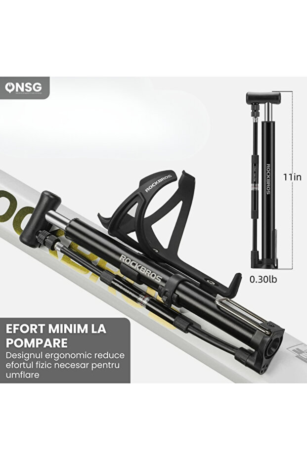 Pompă manuală portabilă pentru bicicletă, valvă Presta Schrader, accesorii incluse, 120 Psi, neagră - 3