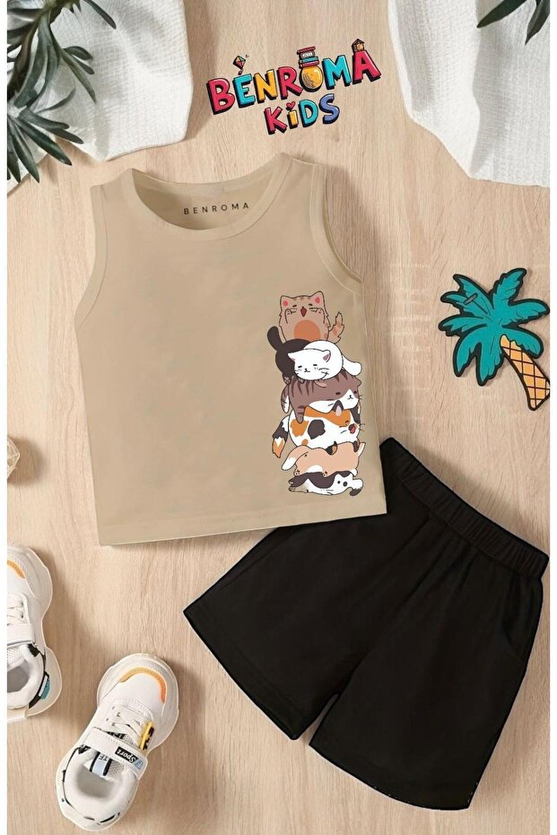 Cats Overlap Printed Shorts Tee Unisex Children's Set