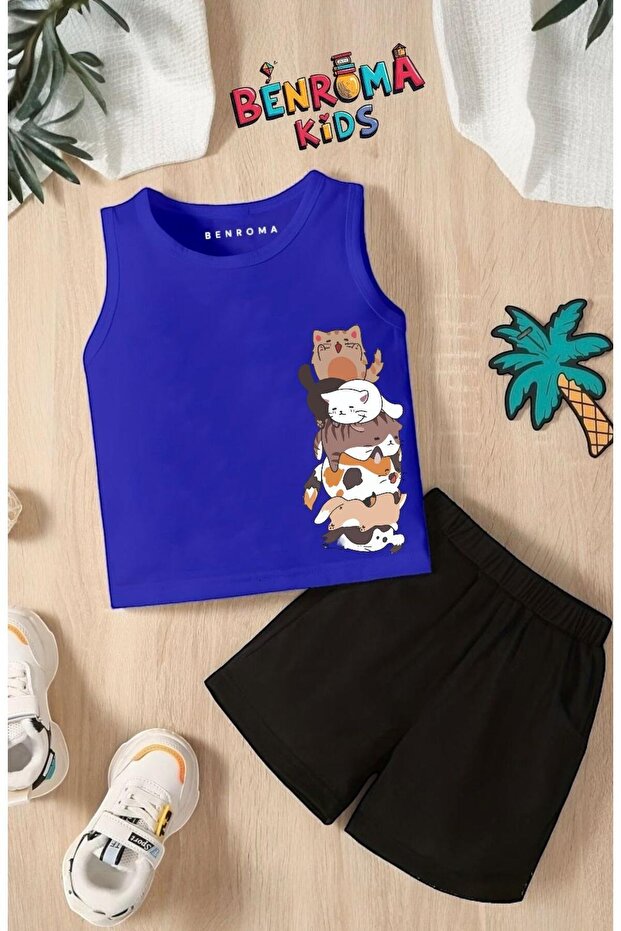Cats Overlap Printed Shorts Tee Unisex Children's Set