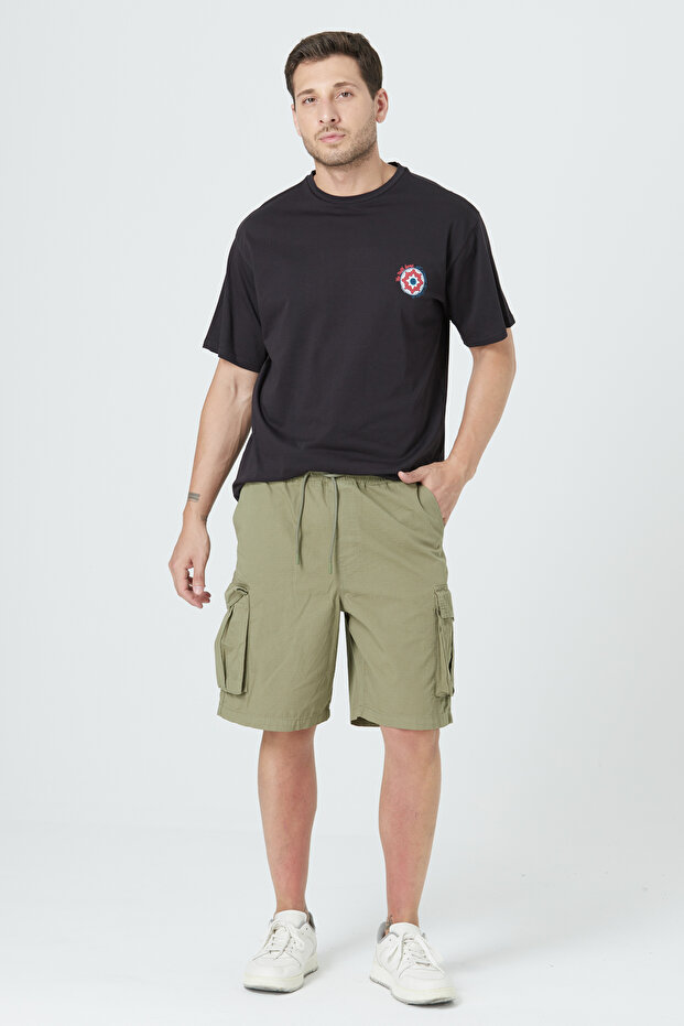 Regular Fit Cargo Pocket Elastic Waist Khaki Men's Shorts