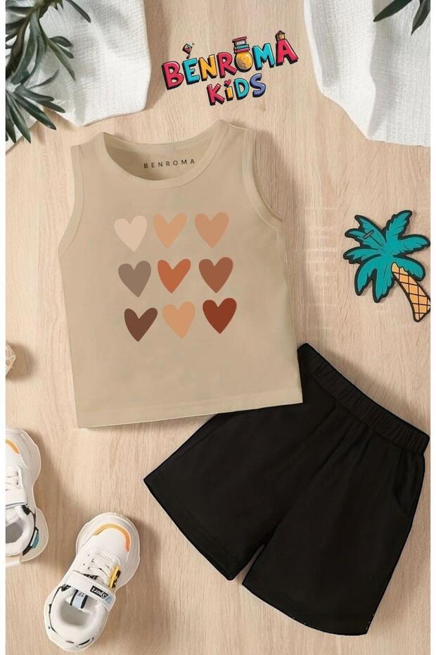 Row of Heart Printed Shorts Tee Unisex Children's Set