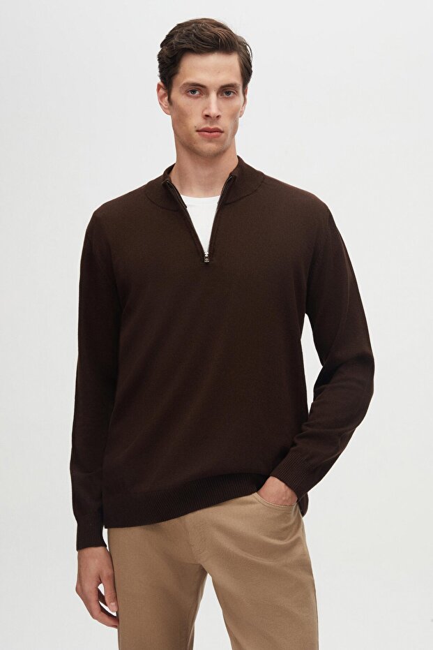Ds Damat Slim Fit Brown Half Zipper Knitwear Sweater