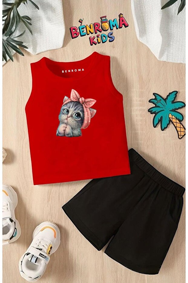 Minnoş Cat Printed Shorts Tee Unisex Children's Set