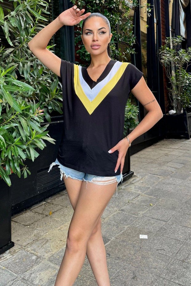 Women's Black V-Neck, Short Sleeve, Color Block Detail, Anti-Sweat Textured Fabric, Loose Blouse, Tshirt
