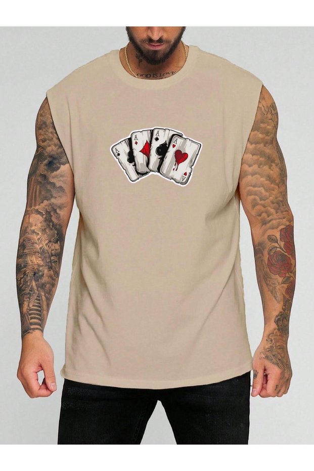 In Cart 6 and Above Purchases Get 1 T-Shirt Gift - Playing Cards Printed Sleeveless T-Shirt