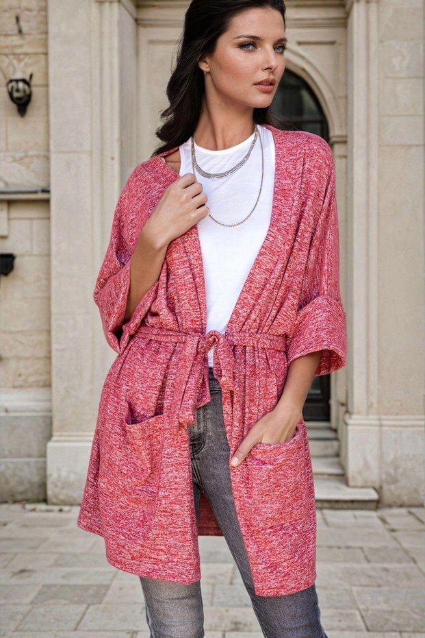 Claret Red, Relaxed Fit, Belt and Pocket Detailed, Thin Knitwear Cardigan