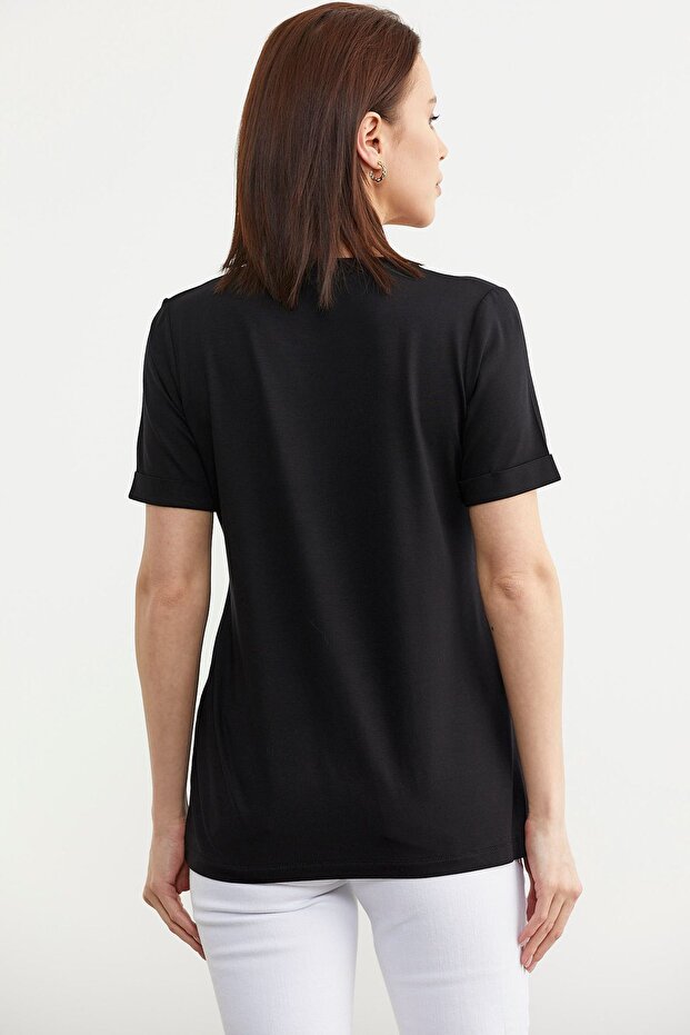 Baskılı Basic Penye Tişört - Siyah - 5