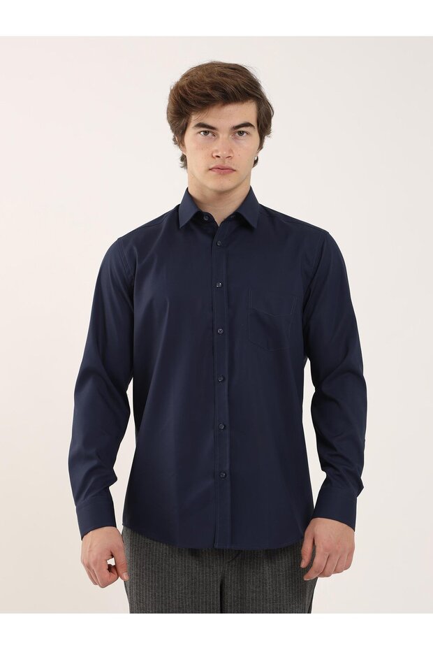 Navy Blue Men's Regular Fit Classic Collar Long Sleeve Shirt - 92838
