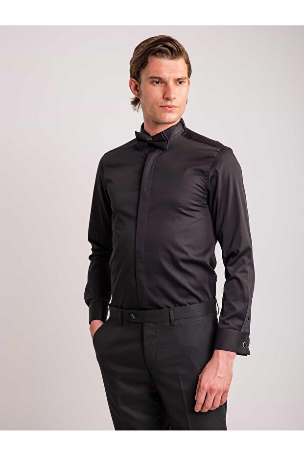 Black Men's Slim Fit Straight Collar Long Sleeve Shirt