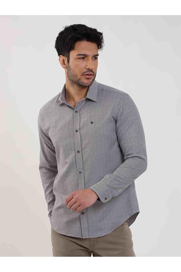 Men's Slim Fit Long Sleeve Brown Checkered Shirt