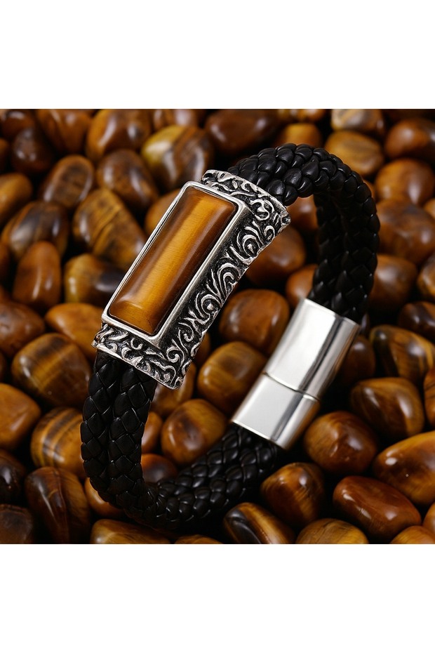 Vintage Metal Detailed Men's Genuine Leather Tiger Eye Stone Special Design Men's Bracelet