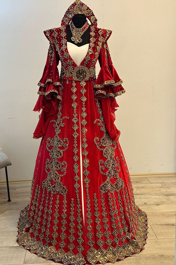 Bindallı Kaftan Kadife Abiye Gelin Kına Gecesi Elbisesi Bindallı TACI -KEMER-KOLYE + TARLATAN Hediye - 1