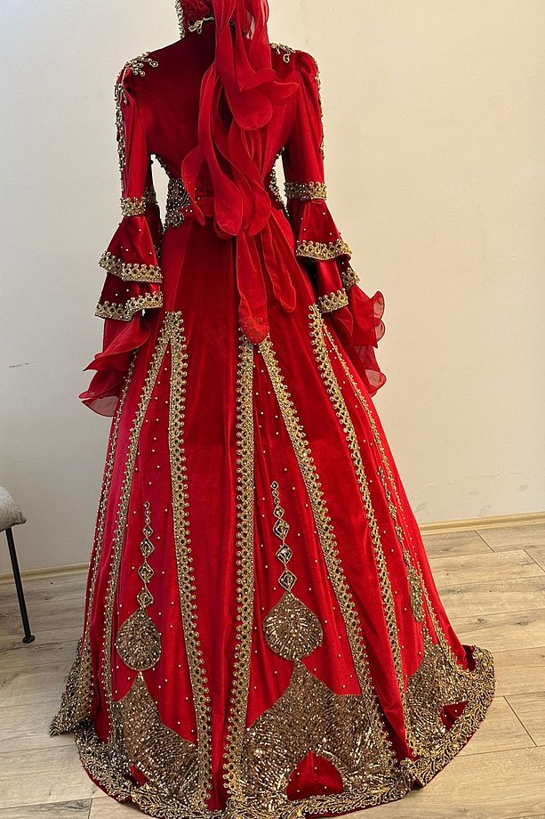 Kırmızı Bindallı Kaftan Abiye Gelin Kına Gecesi Elbisesi Bindallı TACI -KEMER-KOLYE TARLATAN Hediye - 6