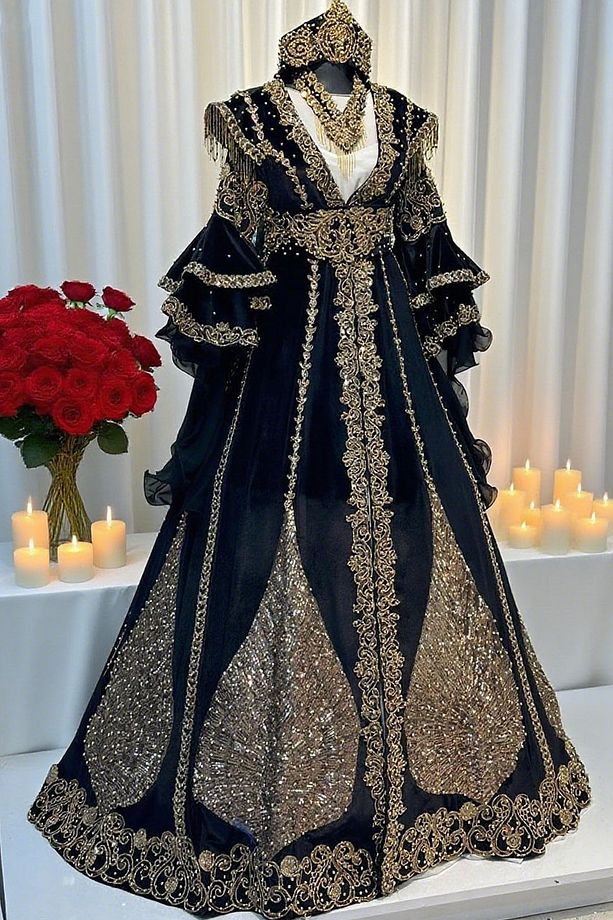 KADİFE BİNDALLI KAFTAN Siyah KINA GECESİ GELİN ELBİSESİ SETİ TAÇ-KEMER-KOLYE + TARLATAN - 1