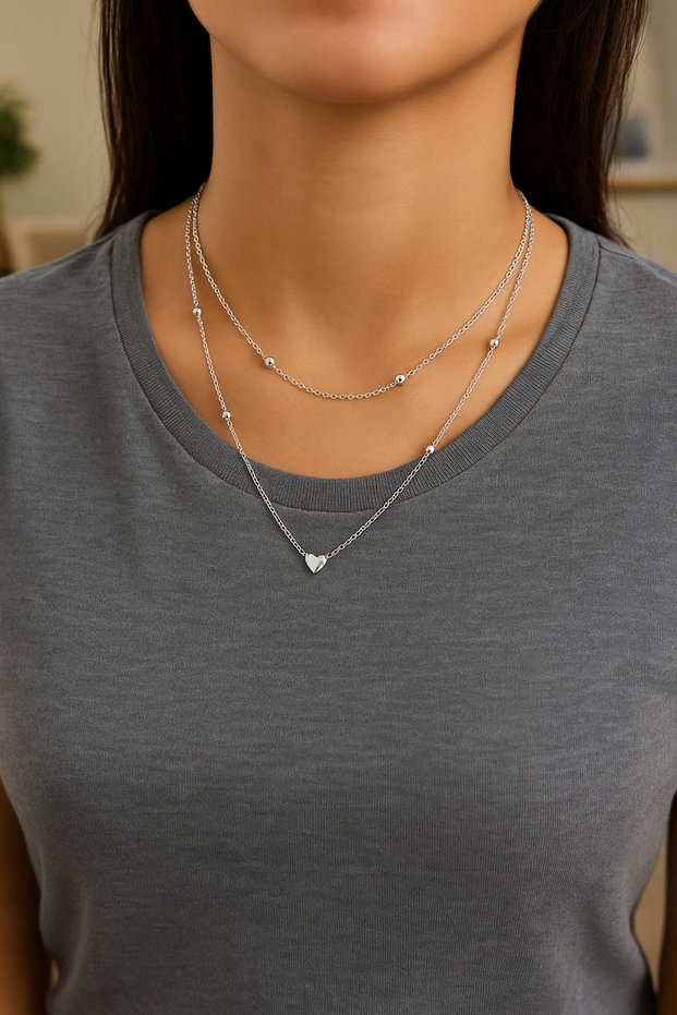 Silver Color Choker Necklace for Women Ball Chain Heart Necklace