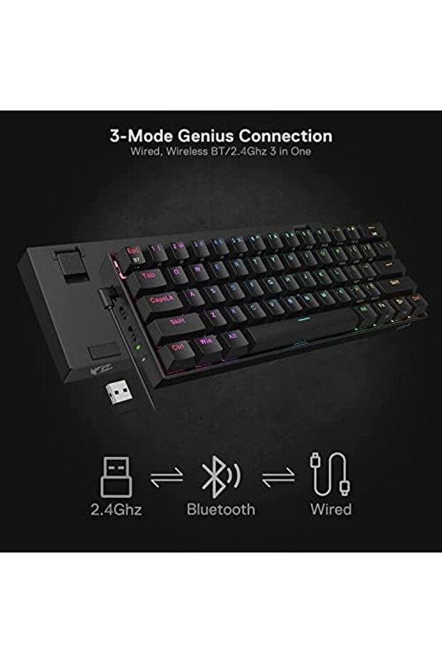 Compact RGB Mechanical Gaming Keyboard, Wireless Bluetooth 2.4GHz Wired, 3 Modes, 61 Keys with Hot-S - 3