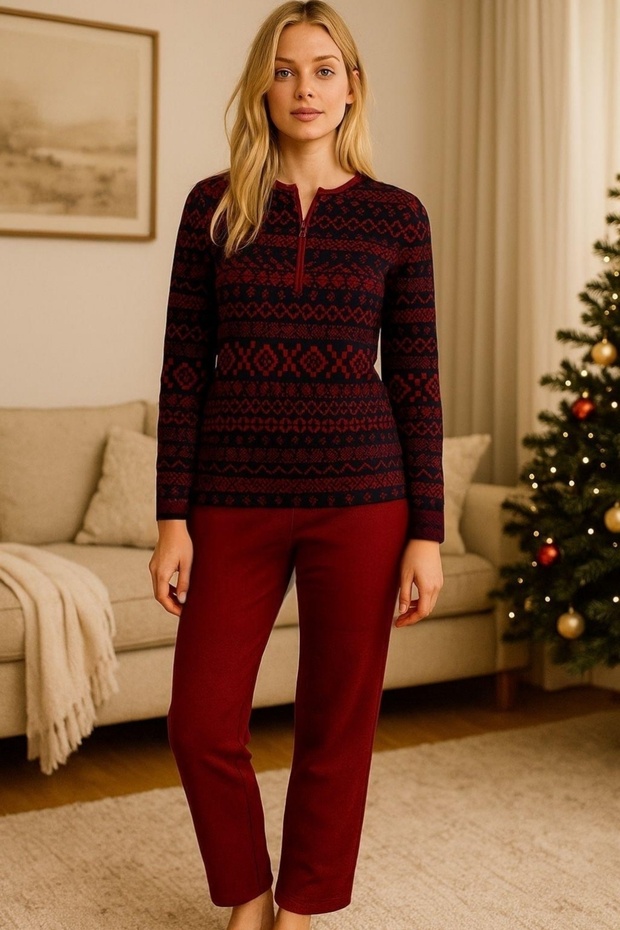 100% Cotton Burgundy-Navy Blue Pajama Set
