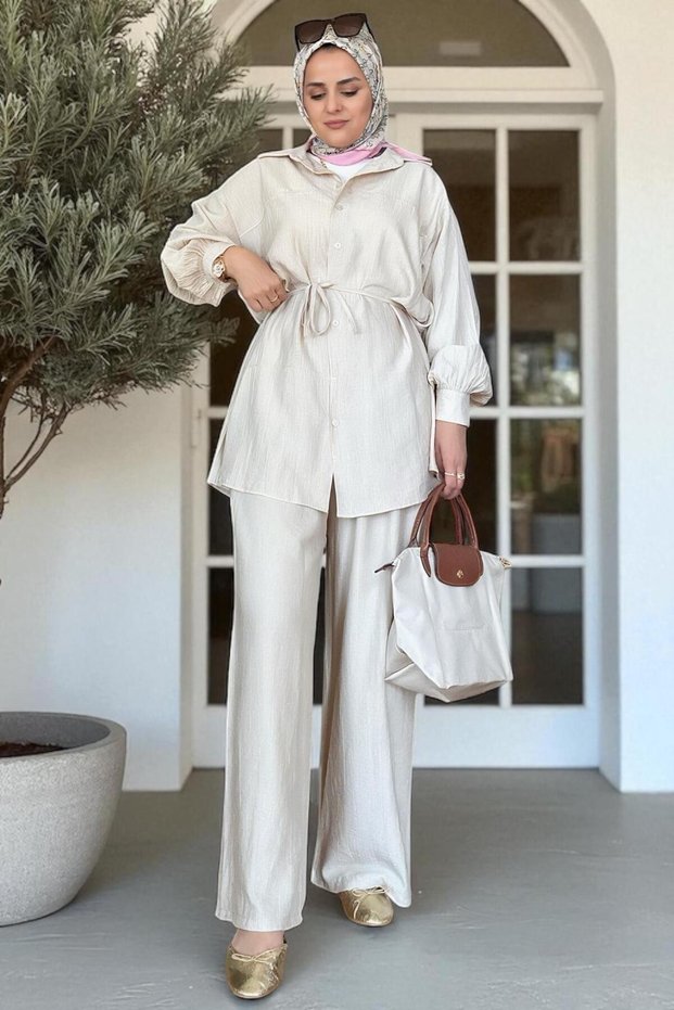 Strawberry Linen Shirted Summer Women's Hijab Set – Comfortable Elegance with Pocketed Trousers in Beige
