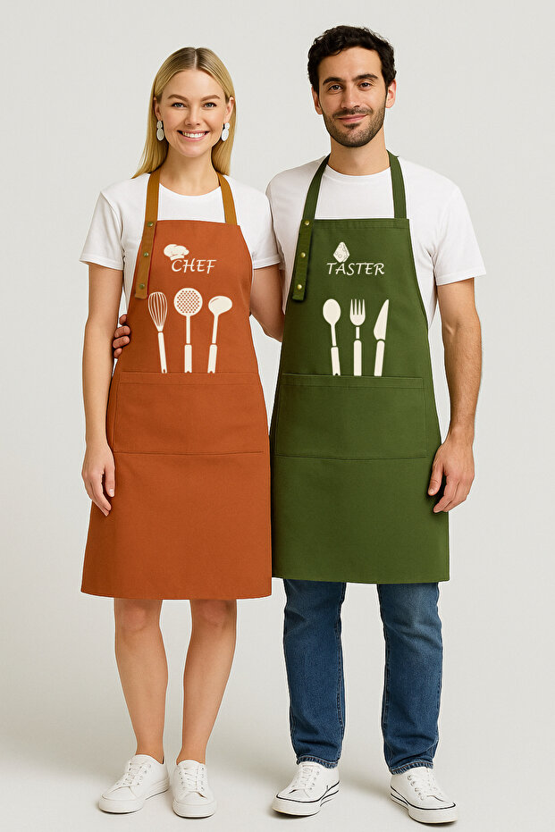 Kitchen Apron Set of 2 Stain-Proof Water Repellent Fabric Fade-Free Print Chef & Taster Dowry Chef Apron
