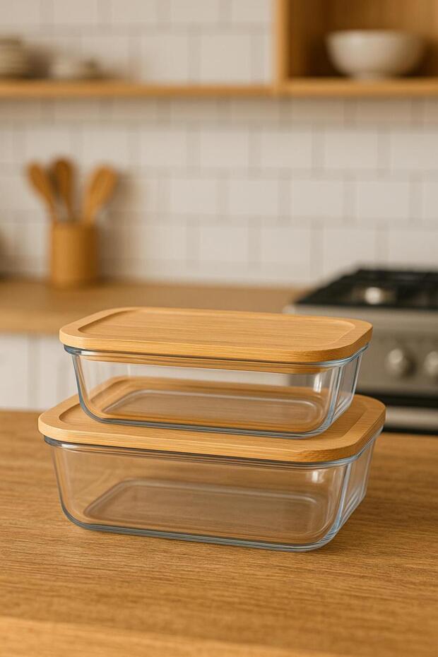 Glass Storage Container - Leak Proof Bamboo Lid - Heat Resistant - Set of 2 - (650 Cc + 1000 Cc)