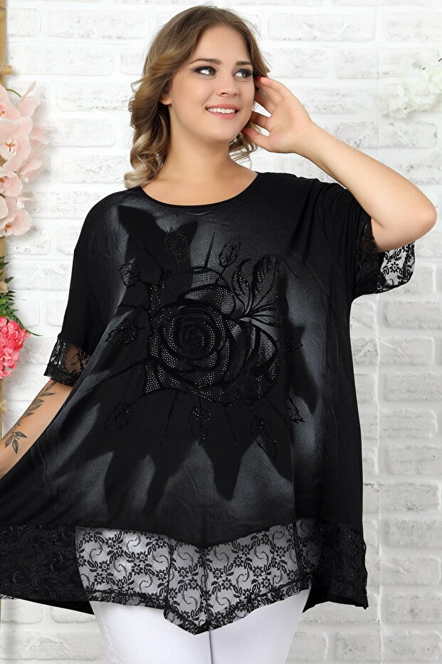 Blouse with Lace Skirt and Cuffs, Flock Printed Rose Motif