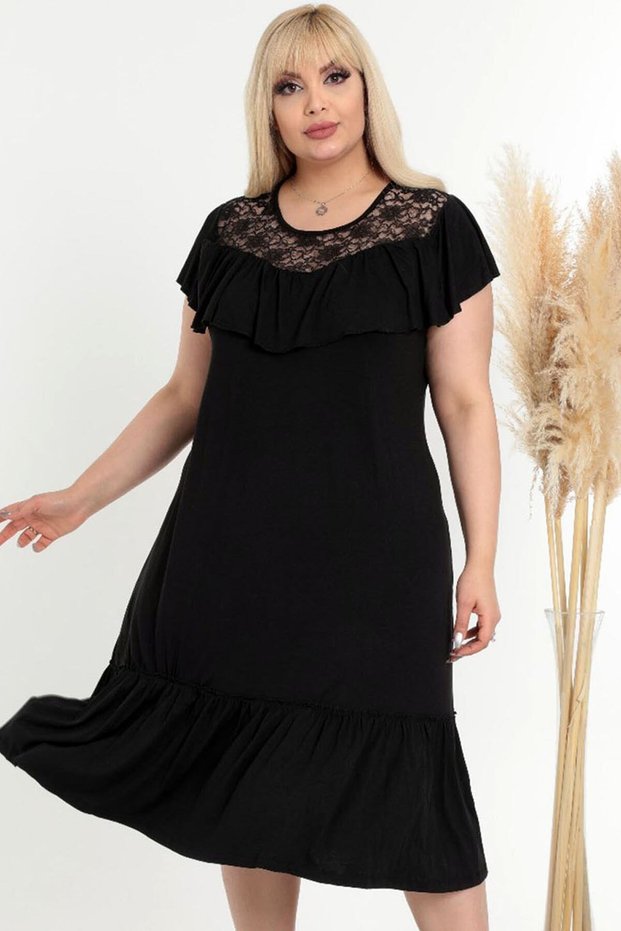 Short Sleeve Evening Dress with Lace and Ruffle Detail on the Collar