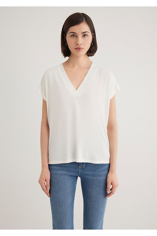 Lux Touch TENCEL TM V Yaka Ekru Modal Tişört Regular Fit / Normal Kesim 1612250-70057 - 5