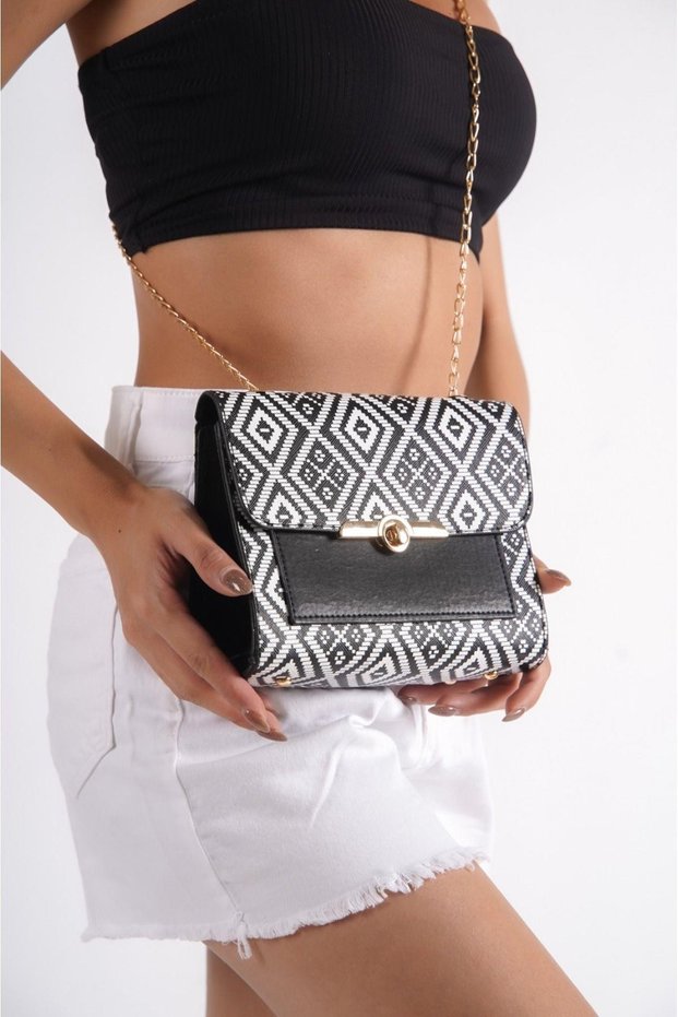 560-Sb Women's Black-White Shoulder, Hand and Arm Bag with Buckle Detail Chain Strap