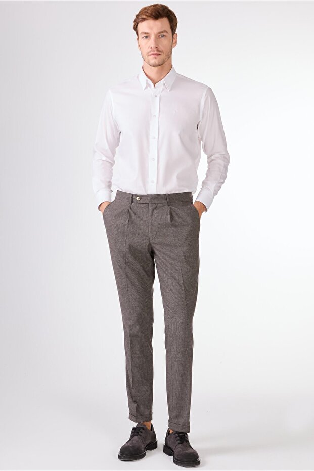 Brown Men's Slim Fit Melange Patterned Classic Trousers