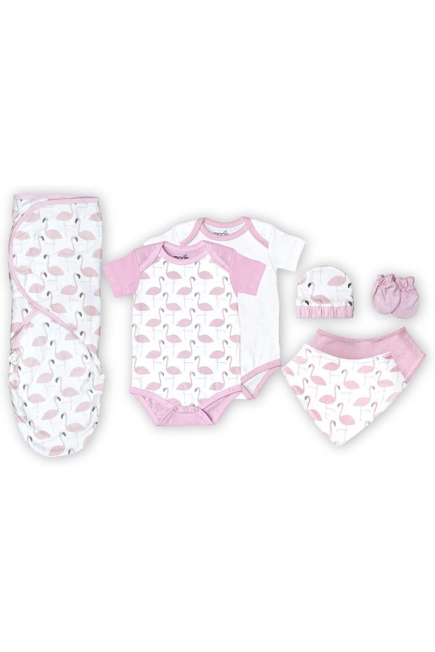Organic Baby Gift Set of 7 Rompers, Swaddle, Bibs, Hat, Mitten Set – for 3-6 Months