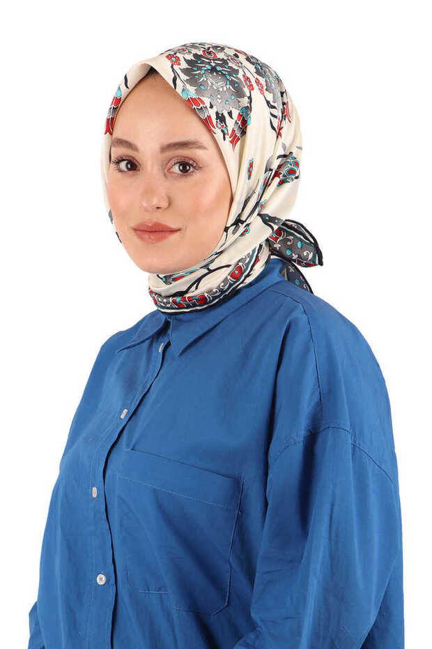 وشاح حريري بنمط التوليب باللون الرمادي - 2