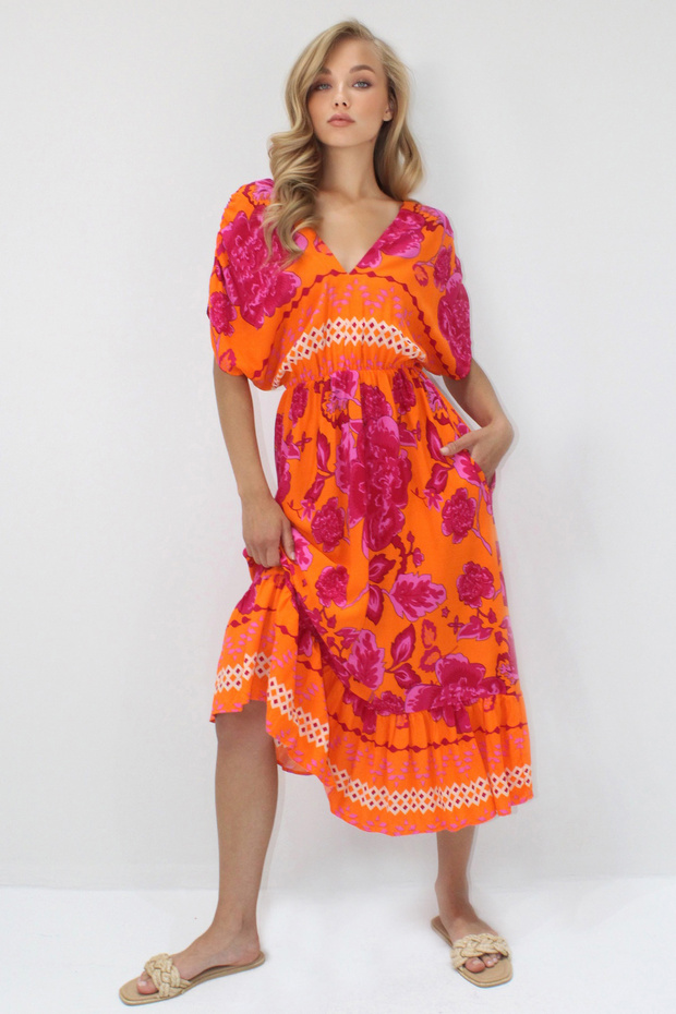 Women's Orange Fuchsia Front Back V-Neck Patterned Skirt Flounced Summer Woven Dress Prmx14199