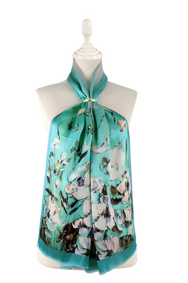 Anemone Patterned Mint Silk Scarf - 1
