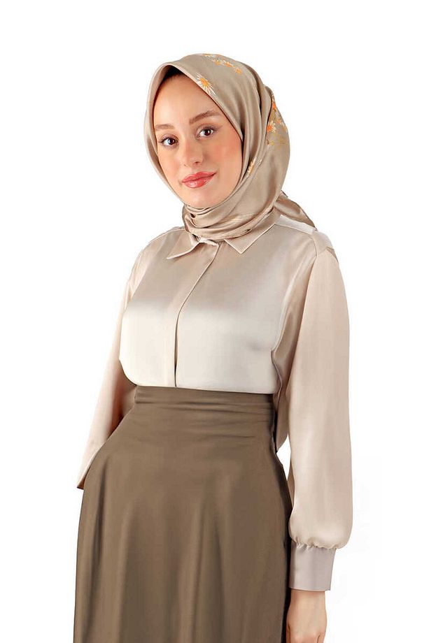 Bej Papatya Desen Twill İpek Eşarp - 2