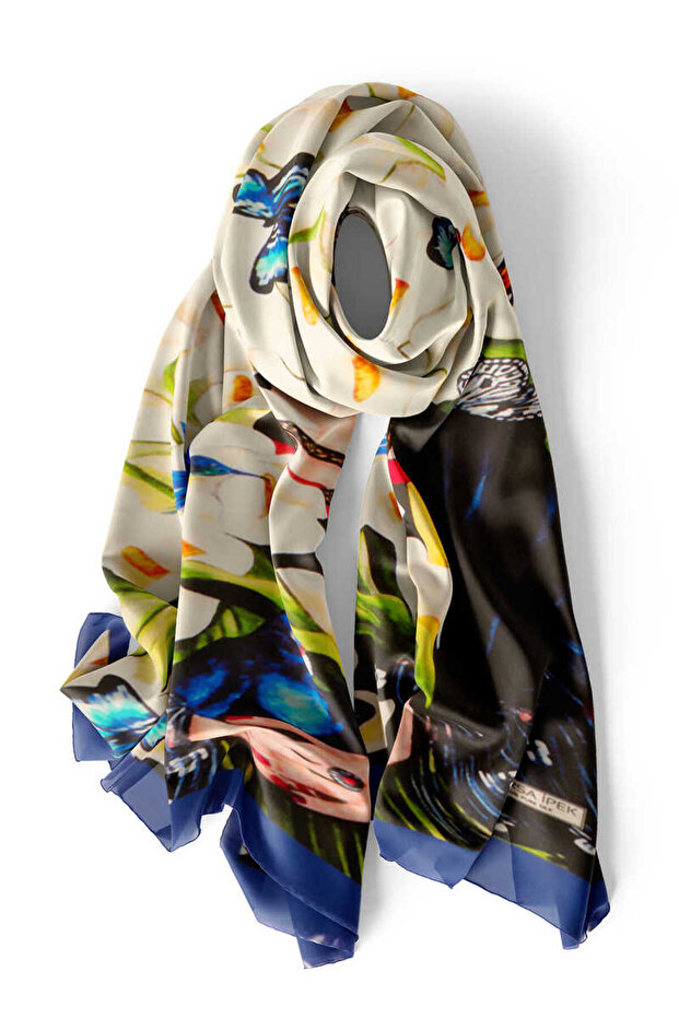 Beyaz Frida İpek Tablo Fular - 4