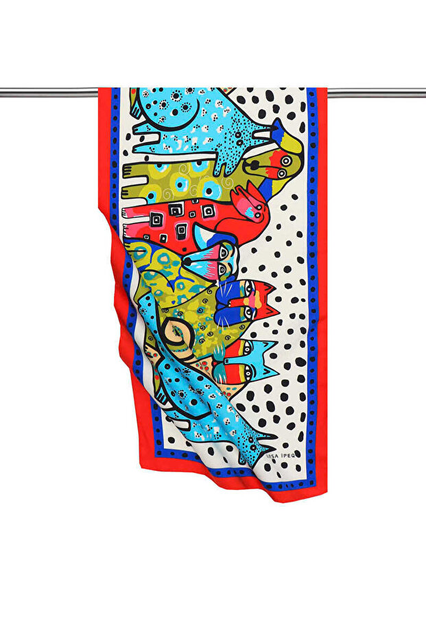 وشاح حريري منقوش باللون الأحمر والأسود - 1