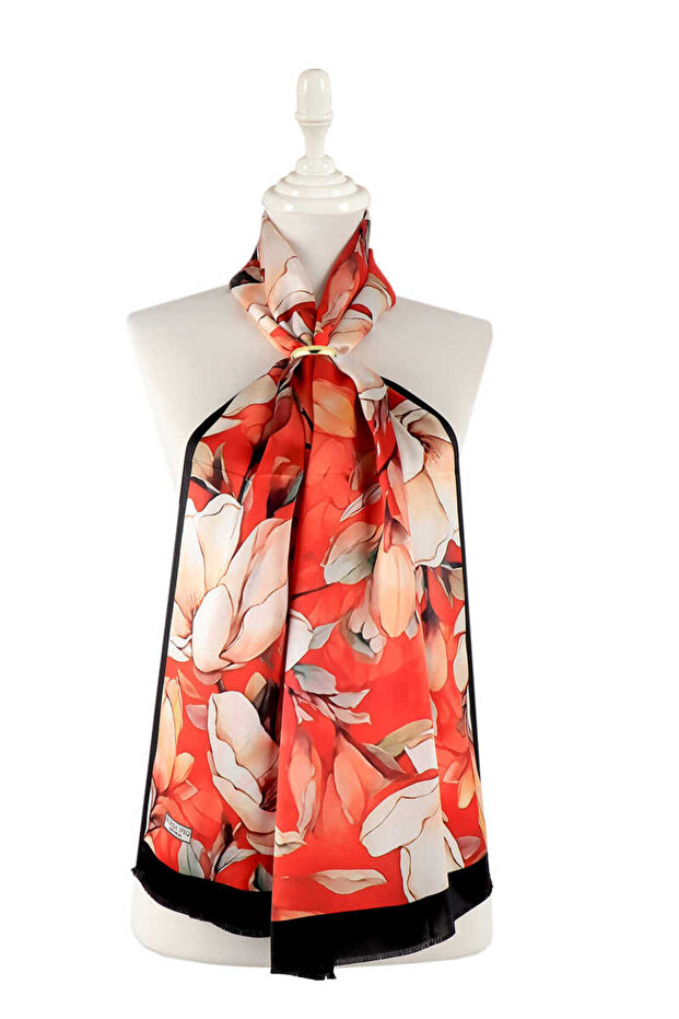 Silk Scarf - Red Daffodil Pattern - 2