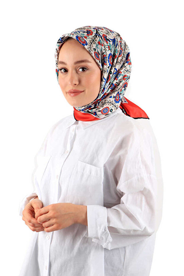 Red Side Pattern Silk Scarf - 2