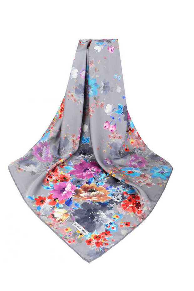 Gray Geranium Pattern Silky Scarf - 3