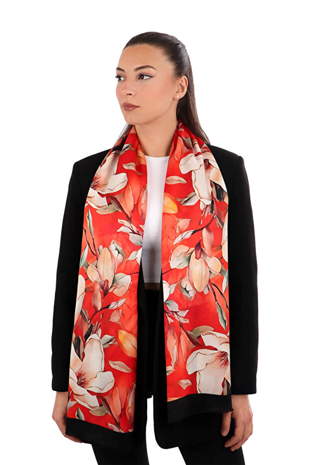 Silk Scarf - Red Daffodil Pattern - 1