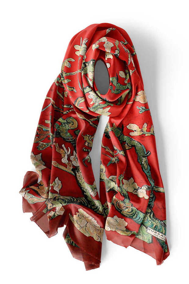 Bordo Badem Çiçeği İpek Fular - 4